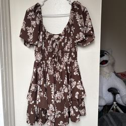 Brown White Floral Fit & Flare Mini Dress Ruffle Flutter Sleeve Scoop Neck Women