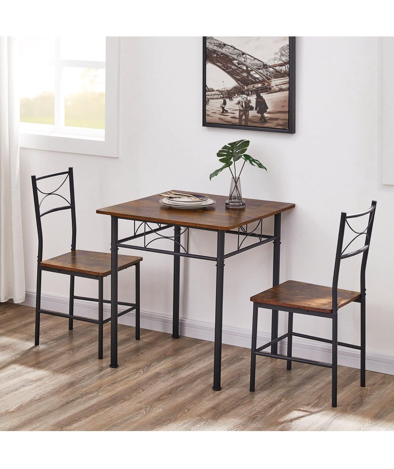 3-Piece Kitchen Dining Room Table Set for Small Space - Retro Square Kitchen Dinette Table & Chair Sets for 2 with Wood Top and Metal Frame for Apartm