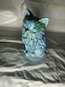 Vintage MCM Ceramic Cat Blue and Green Ceramic