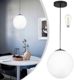 KoKo&Yukina 10" Globe Pendant Light Black Mid Century Pendant Light Mid Century Adjustable Hanging Light Fixture Matte Black Finished with Milk Glass 