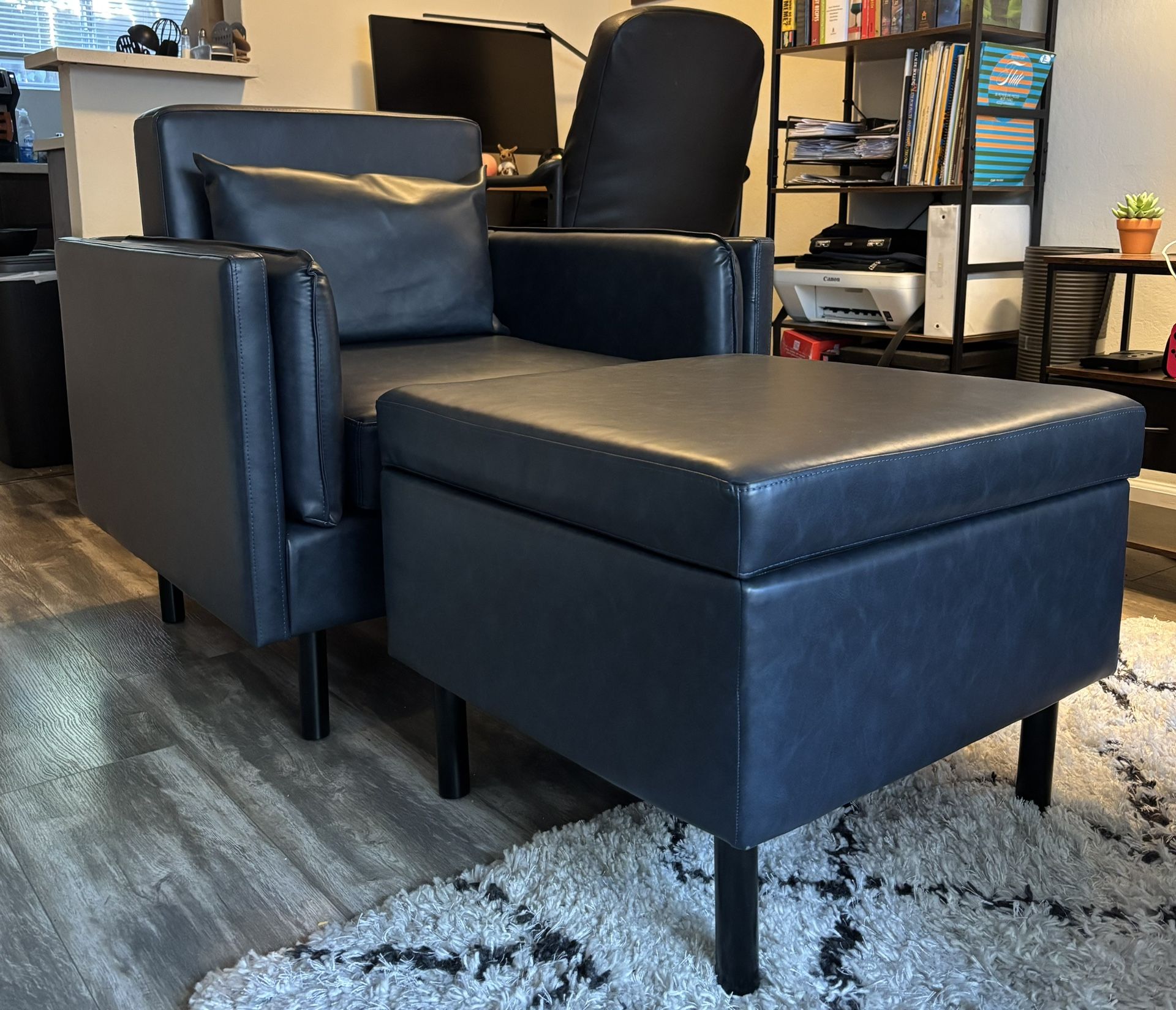 Faux Leather Accent Chair with Storage Ottoman Set