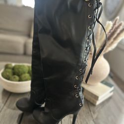 Lace-Up Black Stiletto Boots – Size 6.5