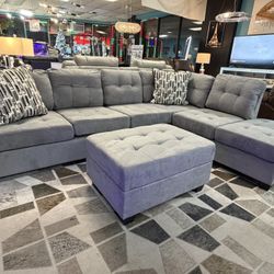 Going Fast!! Cozy Sectional With Drop Down Console With Cupholders  – now with a FREE Storage Ottoman!