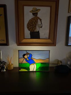 Handmade Stained Glass Golfer Panel – Golf Art / Gift
