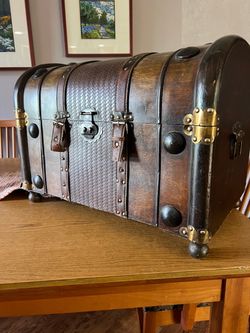 Small Wooden Trunk W/ Leather And Brass Accents