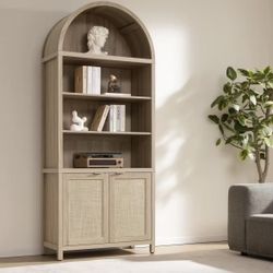BK116A1XLTY1263 new in box Book Shelf Arched Cabinet Bookshelf Arch 84.2" Tall Bookcase 5 Tier Large Bookshelves with Doors Storage Rattan Boho Wide B