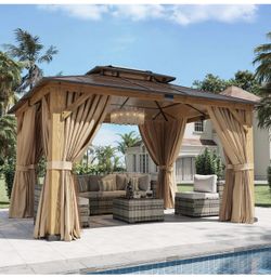 New-Aoxun 10' x 12' Outdoor Wood Gazebo with Double Polycarbonate Top, Hardtop Gazebo Permanent Wooden Pavilion with Breathable Netting and Privacy Cu