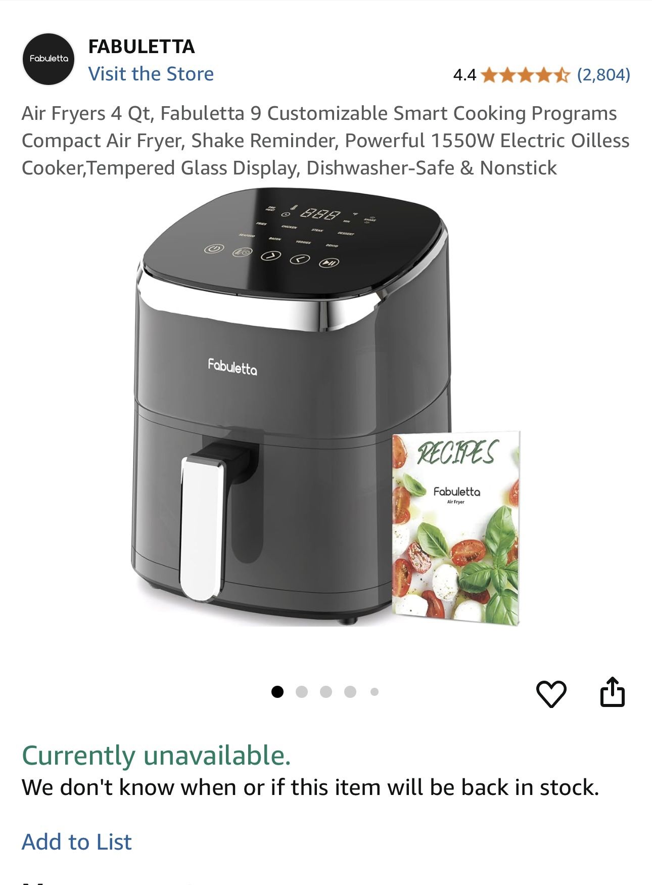 Air Fryers 4 Qt, Fabuletta 9 Cooking Functions Smart Air Fryers