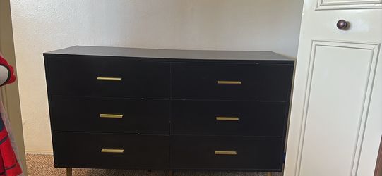 Black 6 Drawer Dresser with gold handles