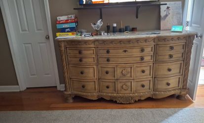Ornate Wood Dresser and Leather Chaise Lounge
