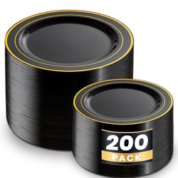 WDF 200PCS Black and Gold Plastic Plates- Black Plates Disposable