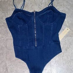 Iris Woman's Denim Stretchy Bodysuit New 