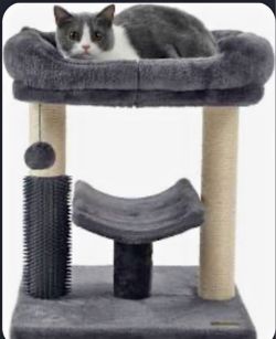 HcoPet 17” Cat Tree Scratching Post with Hammock, Brush & Toy – Gray – New