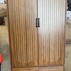 Armoire Wardrobe Closet with Doors, Wardrobe Cabinet with 3 Drawers, Wooden Large Clothing Storage Cabinet with Hanging Rod and Shelf, Walnut