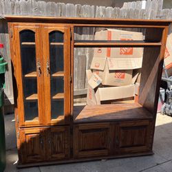 Oak Cabinet With Glass Doors 55H X 55W X 15” D Good Condition, Pd $600
