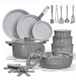 CAROTE 27pcs Ceramic Cookware Set Nonstick, Pots and Pans Set- Gray