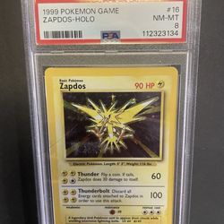 1999 Pokemon Set Unlimited Zapdos Rare Holo #16/102 PSA 8