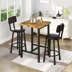 Pub Dining Table Set for 2, Wooden Square Bar Table Set with 2 Leather Bar Stools,
