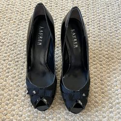 Ralph Lauren Black Patent Leather Peep Toe Heels Size 10M