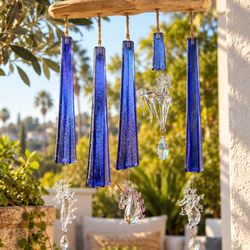 Cobalt Blue Glass Unicorn Wind Chime / Suncatcher Crystal Prisms Hanging Garden Art Artwork Horse 