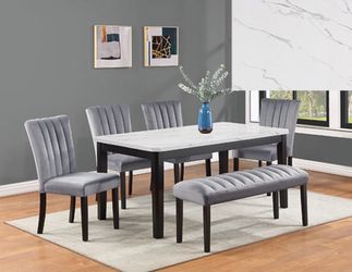PASCAL FAUX MARBLE DINING TABLE WITH CHAIRS AND BENCH