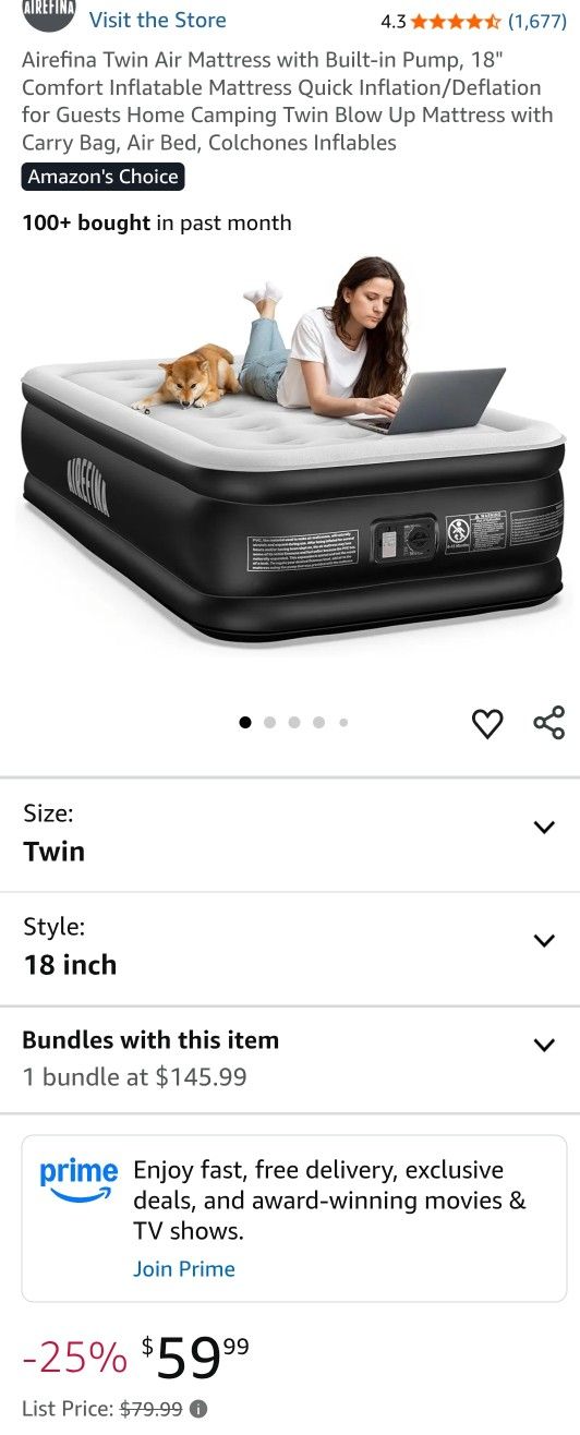 Airefina Twin Air Mattress with Built-in Pump, 18" Comfort Inflatable Mattress Quick Inflation/Deflation for Guests Home Camping Twin Blow Up Mattress