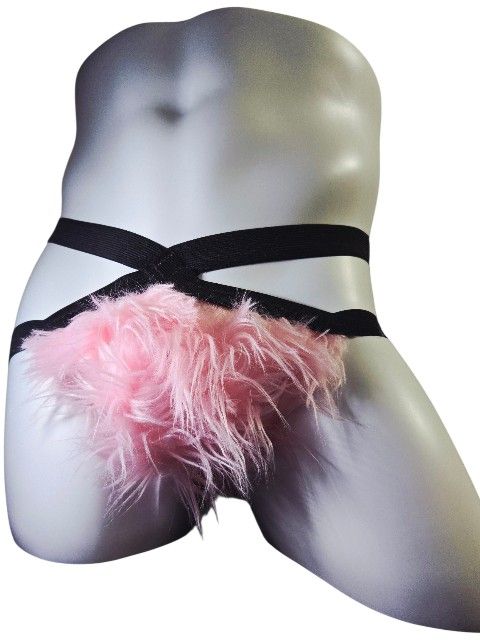 Pink faux fur Jockstrap with black crossed straps or white straps underwear #rave #festivalvibes
