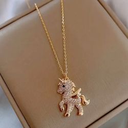 Cute Rhinestone Unicorn Pendant Necklace 
