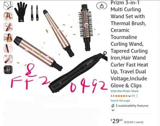 Prizm 3-in-1 Multi Curling Wand Set with Thermal Brush, Ceramic Tourmaline Curling Wand, Tapered Curling Iron,Hair Wand Curler Fast Heat Up, Travel Du