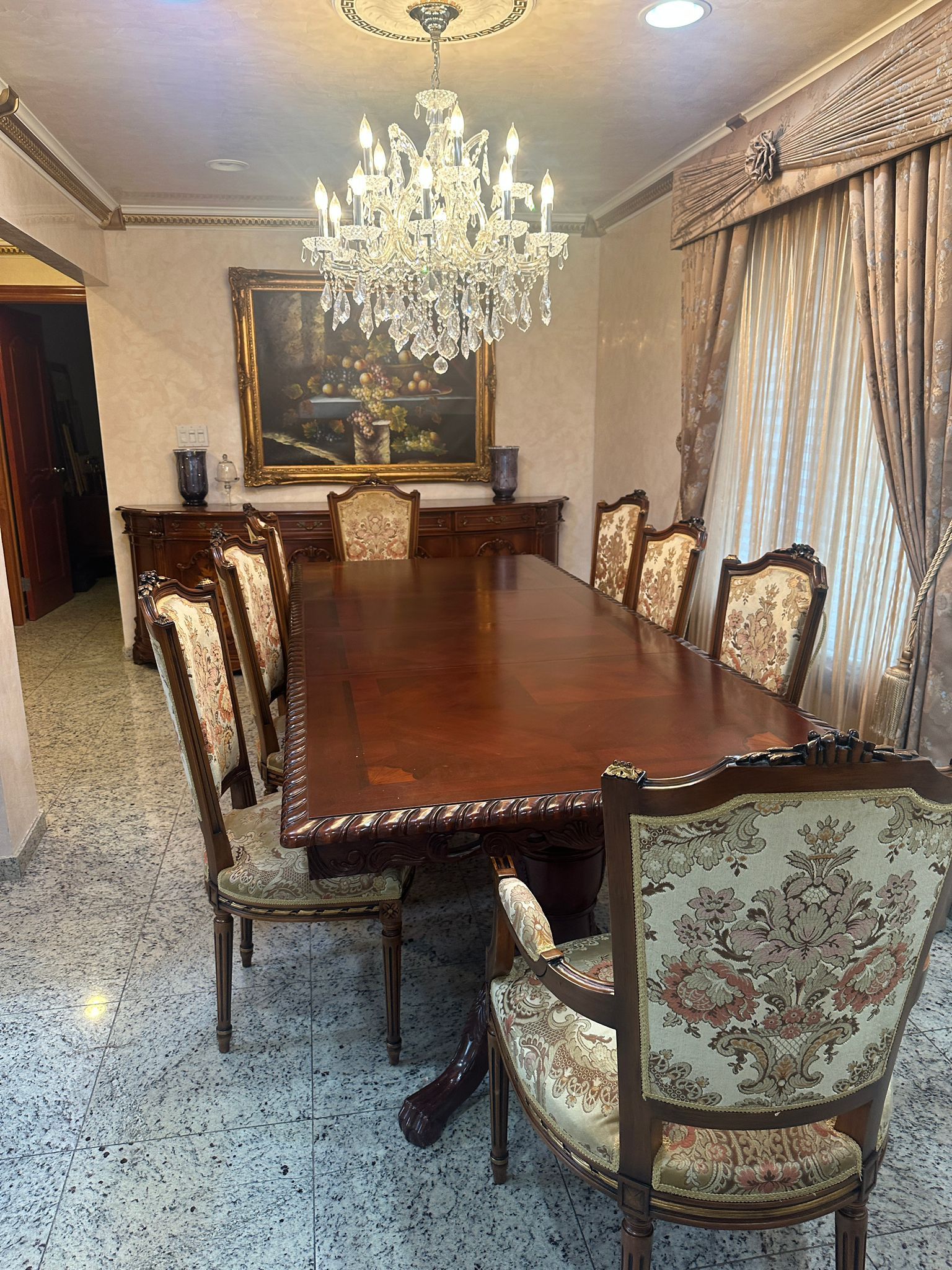 Complete Italian dining room set includes 8 foot table with  8 chairs and sideboard