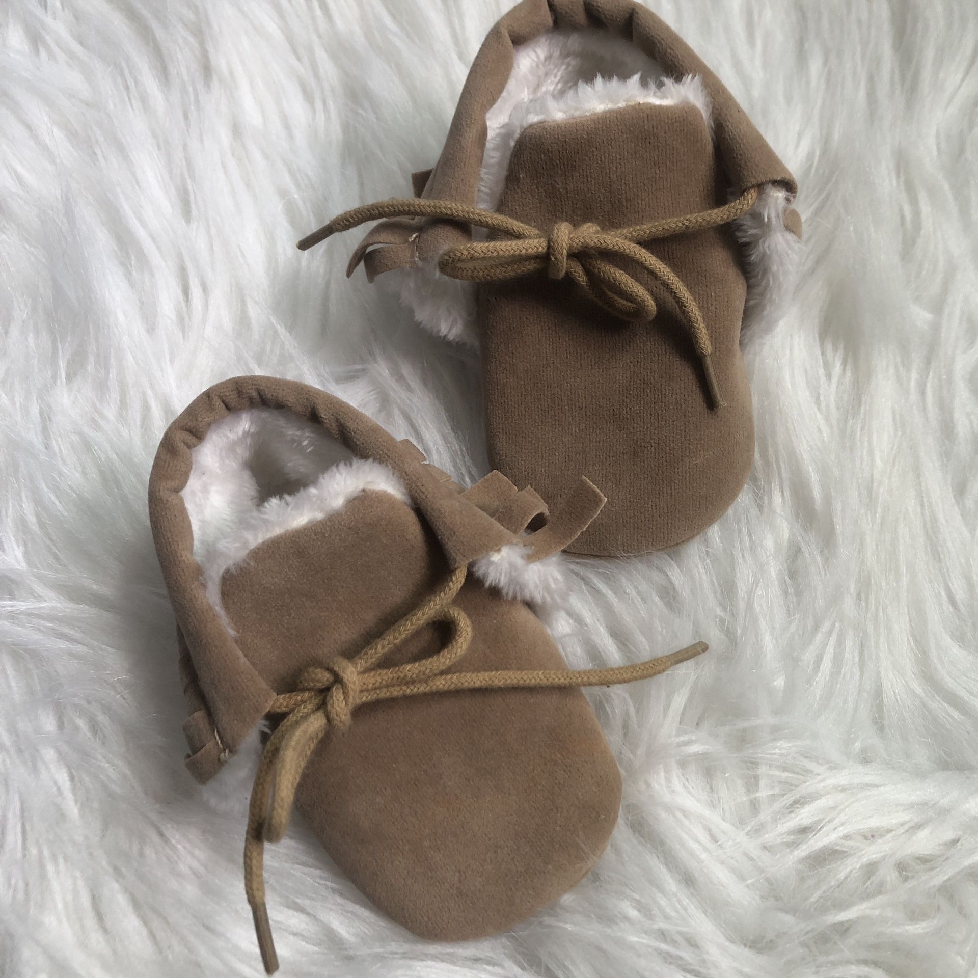 Tan/white (insides) baby unisex moccasin shoes