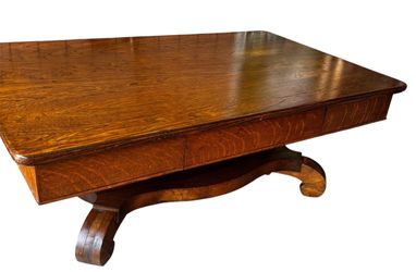 Vintage antique pedestal tiger dark solid quarter sawn oak coffee table with drawer