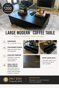 FOR SALE: Modern rectangular coffee table with drawer storage - $200