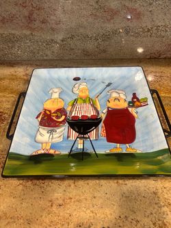 Ceramic BBQ Chef Serving Tray with Metal Handles