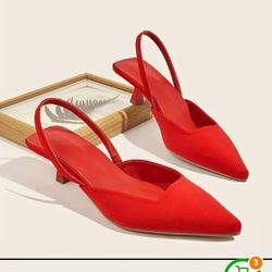 WOMEN'S SOLID COLOR RED, KITTY HEELS, ELEGANT Point Toes Dress Pumps , Fashion Sling Back Heels