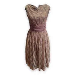 1950s Vintage MCM Taupe Lace Cocktail Party Dress with Matching Jacket