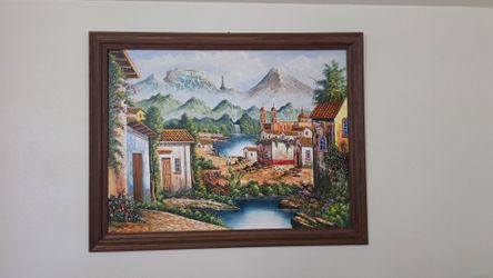 Framed Landscape Oil Painting on Canvas.
