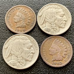Four (4) Antique Coins: 2 Indian Head Pennies 2 Buffalo Nickels (Vintage Cent Penny)