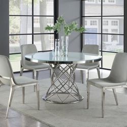 ITALIAN INSPIRED 5 PIECE GRAY CHROME ROUND-DINING-TABLE SET-MESA SILLAS