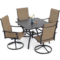 5-Piece Outdoor Dining Set, 35'' Square Table with 4 Swivel Chairs, All Weather Frame Furniture Set - Brown Style2