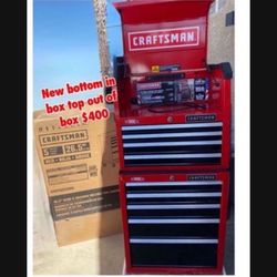 New tool box Craftsman Rolling Tool Box bottom part is in box has a ding from shipping top box is out of box has couple scruffs see picture comes with
