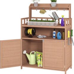 New Assembled Outdoor Potting Bench with Large Storage Cabinet & Top Shelf Gardening Work Table
