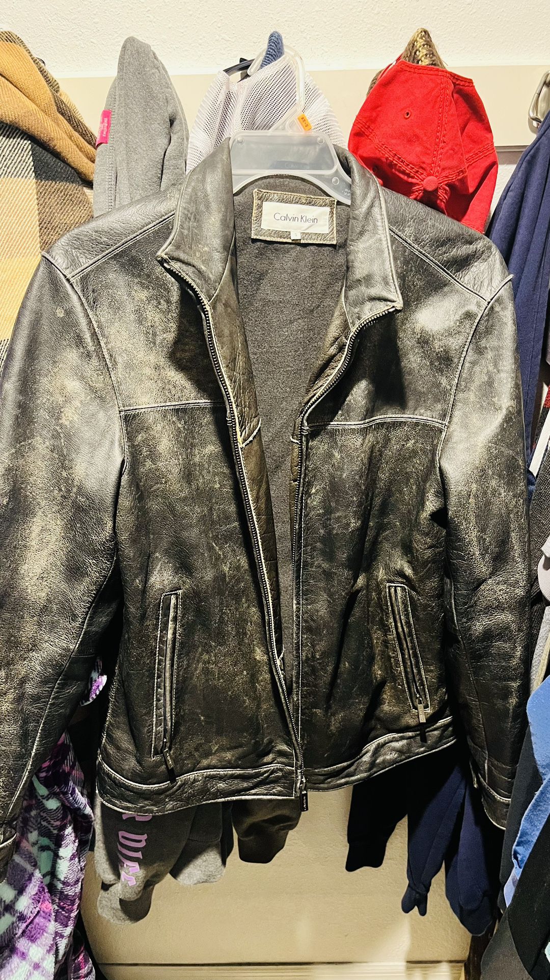 Mens Calvin Klein Distressed Leather Jacket