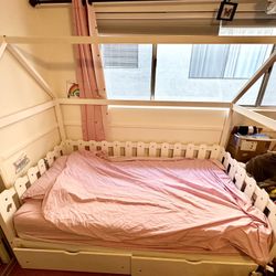 Kids Twin Size Solid Wood White Bed With Storage 