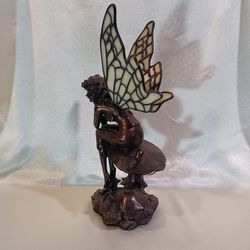 13"Bronze Contemplating Fairy With Stained Glass Wings