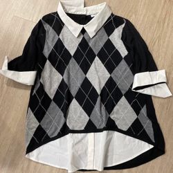 New York & company plaid fake 2 pcs formal blouse shirt knitted S