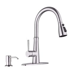 3 Functions Single Handle Pull Down Sprayer Kitchen Faucet with Soap Dispenser in Stainless Steel Brushed Nickel