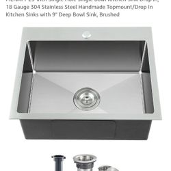 MENATT 23-inch Single Hole Single Bowl Kitchen Sink Drop in, 18 Gauge 304 Stainless Steel Handmade Topmount/Drop In Kitchen Sinks with 9" Deep Bowl Si