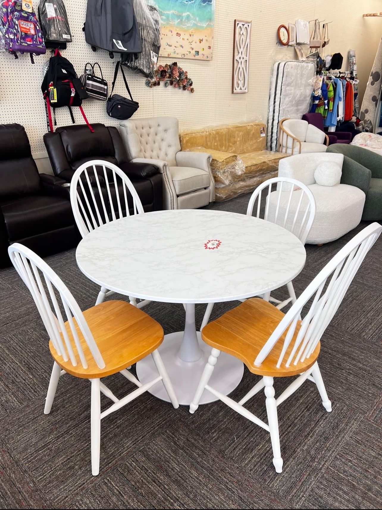 Dining Set of 5, 42 inch Round Artificial Marble Dining Table, Solid Wood 4 Chairs, New 
