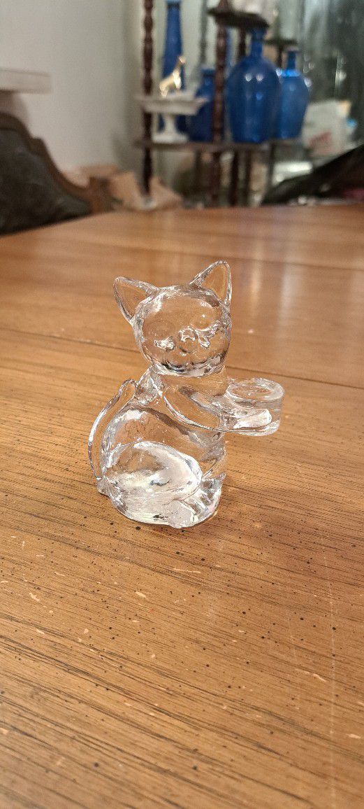 Vintage Clear Art Glass Cat Holding A Bowl Paperweight Figurine 
